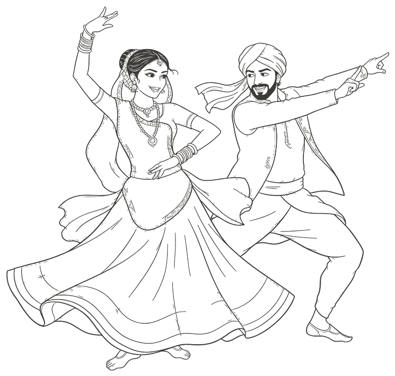 Pen sketch of a couple dancing in lehenga and sherwani