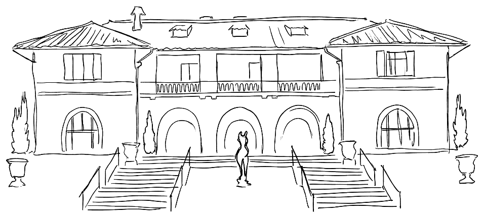 Line sketch of Villa Montalvo's terrace and twin staircases